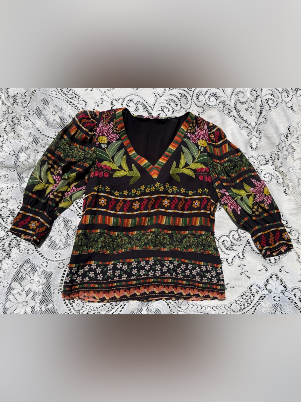 FARM Rio Black V‑Neck Floral & Stripe Print Top